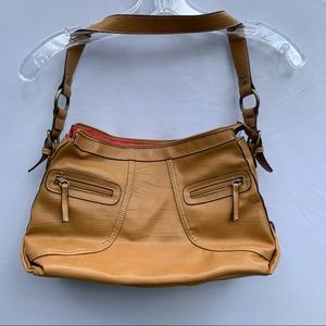 Large tan leather purse with over shoulder strap